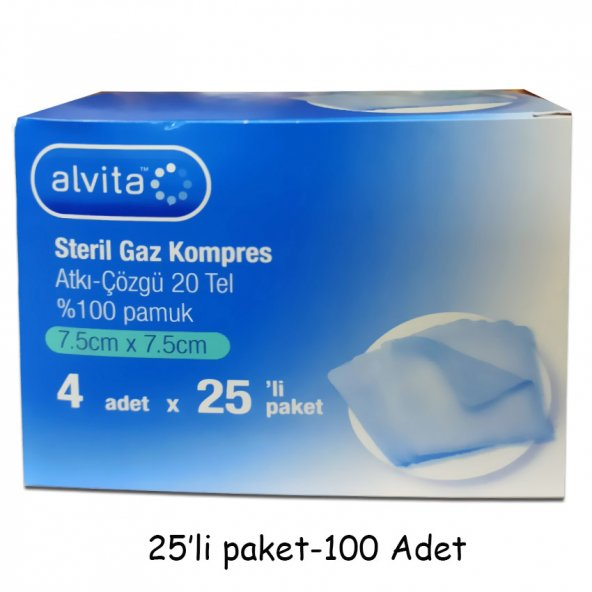 Alvita Steril Gaz Kompres %100 pamuk 7.5x7.5 4x25 adet